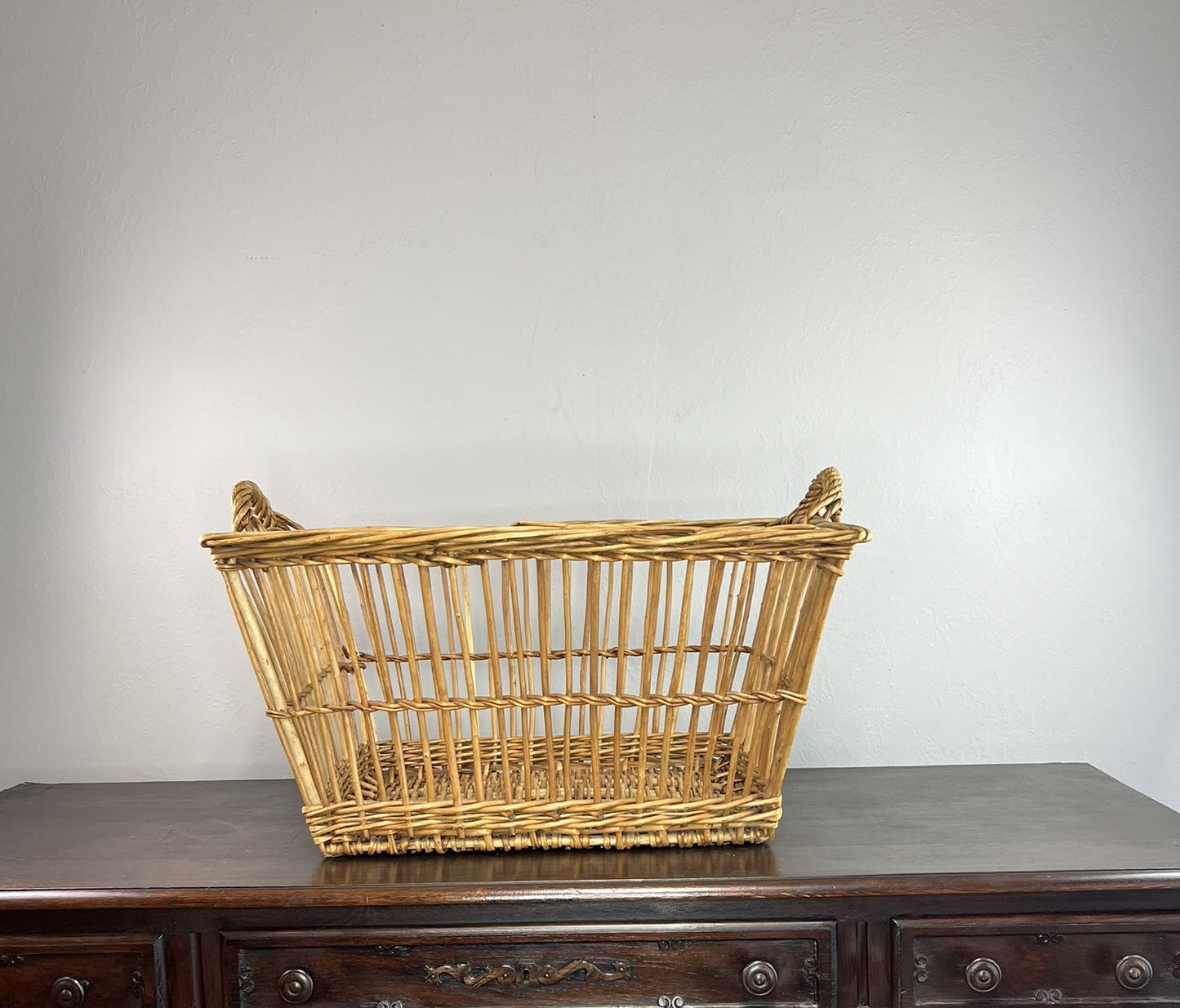 Vintage French Wicker Laundry Basket – with Handles #6522