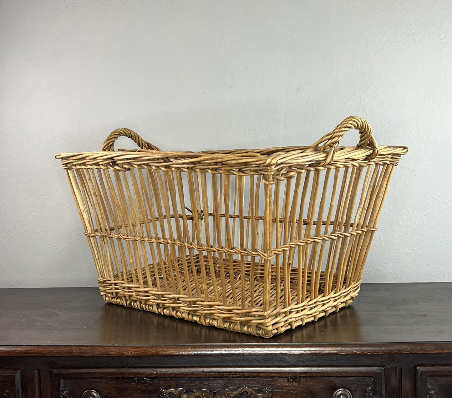 Vintage French Wicker Laundry Basket – with Handles #6522
