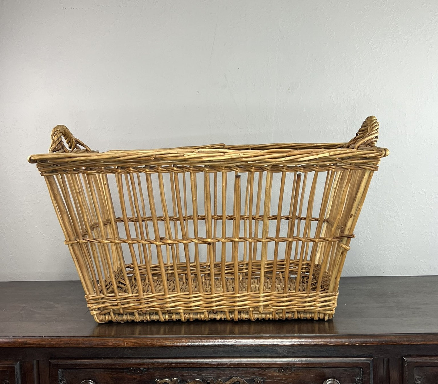 Vintage French Wicker Laundry Basket – with Handles #6522