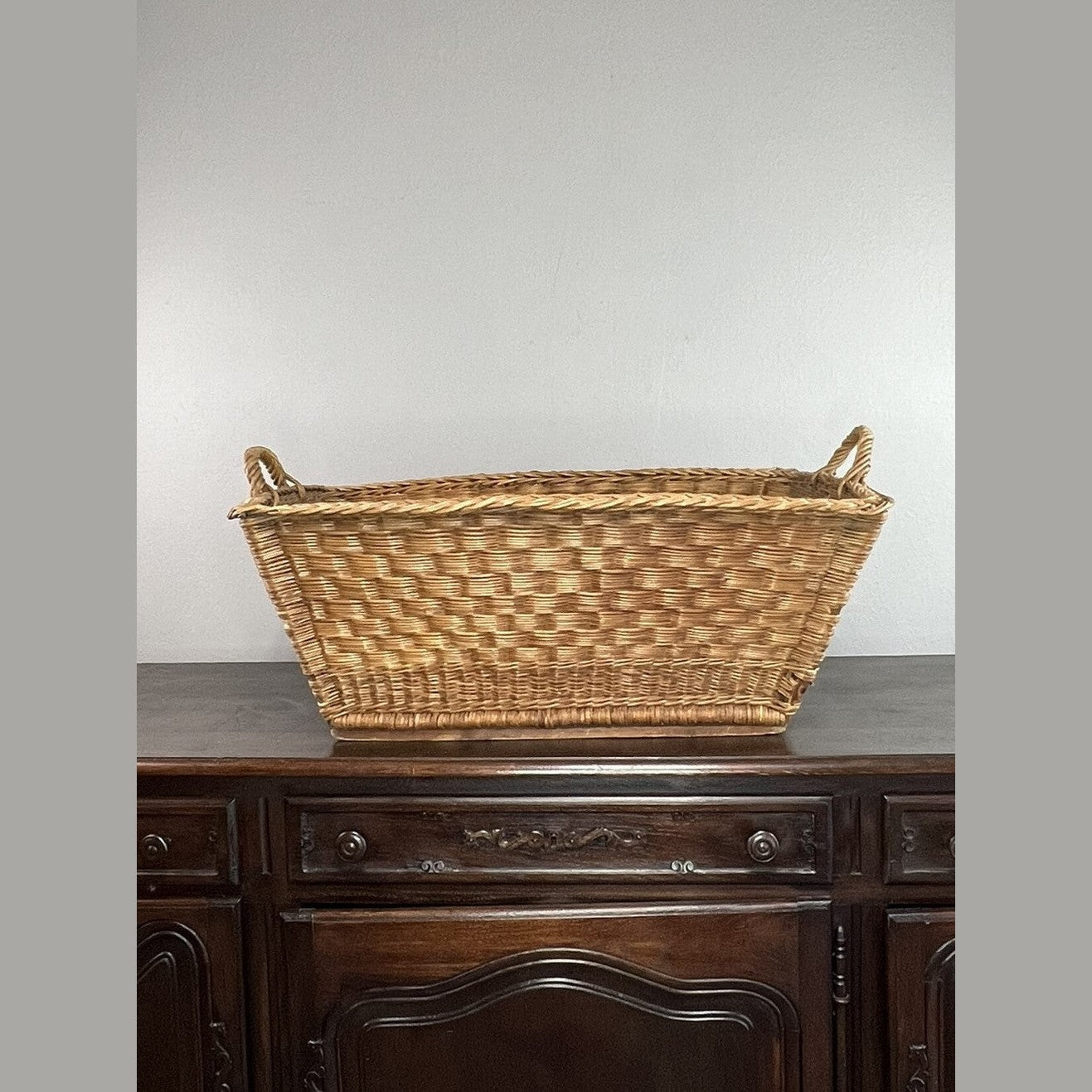 Vintage French Wicker Laundry Basket #6302