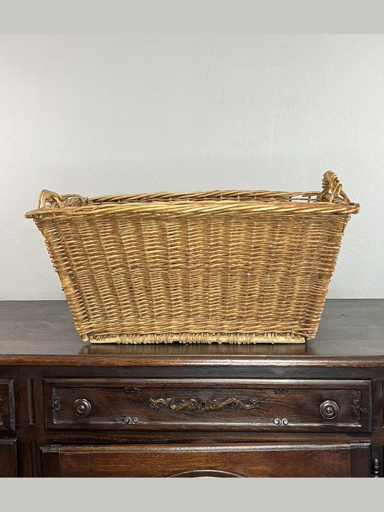 Vintage European Wicker Launrdy Basket with Twisted Handles #527