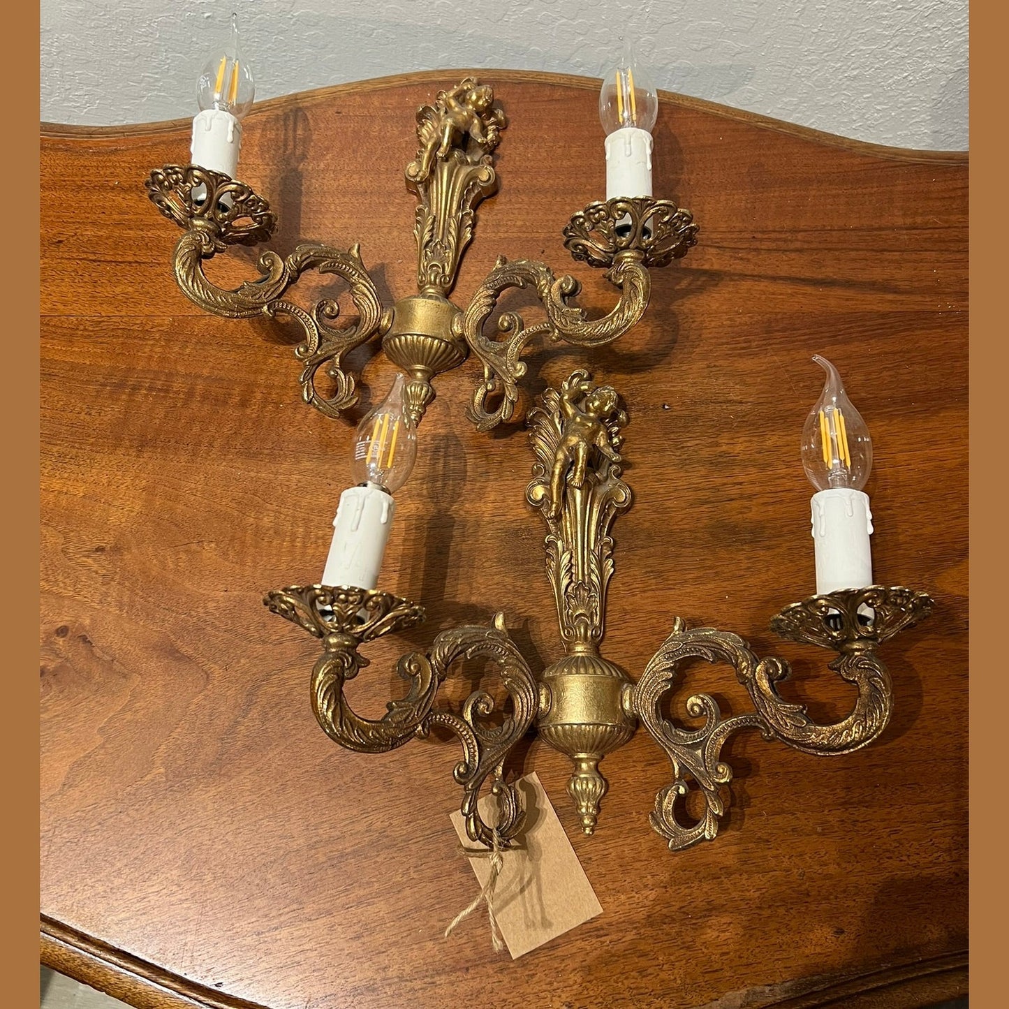 Vintage French Sconce - 2, Brass, Baroque, Cherub #339