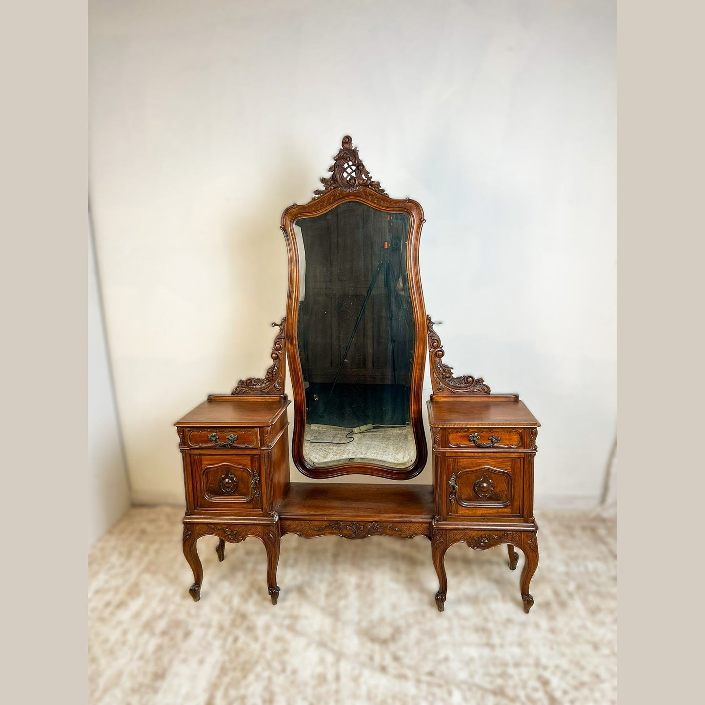 Vintage French Louis XV Style Walnut Vanity with Hand-Carved Beveled Mirror