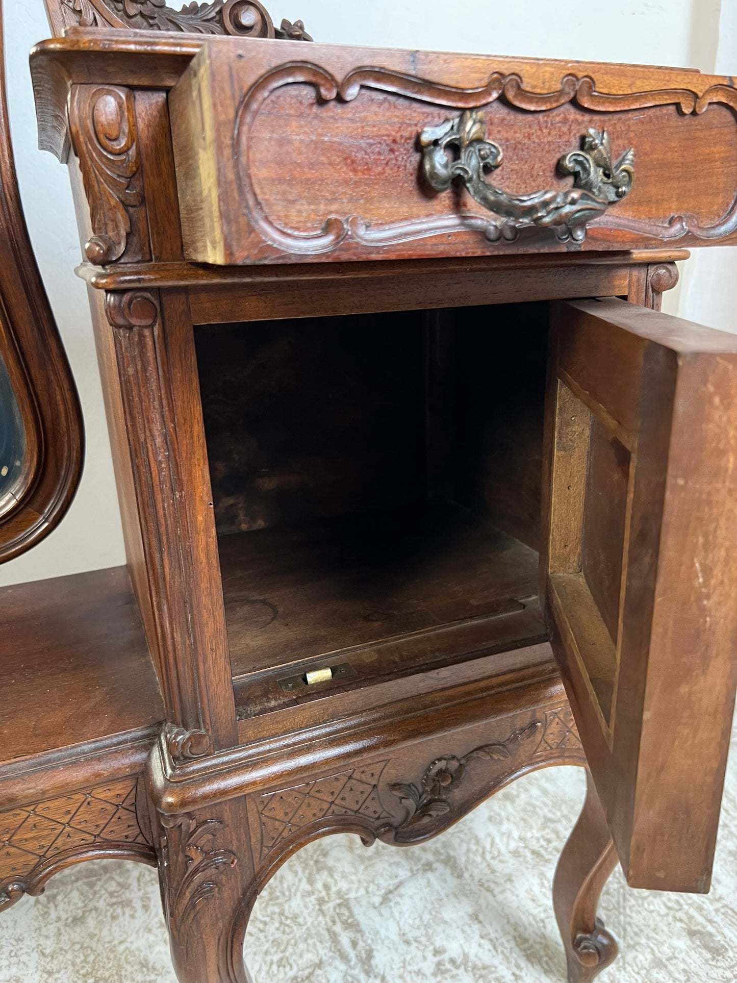 Vintage French Louis XV Style Walnut Vanity with Mirror