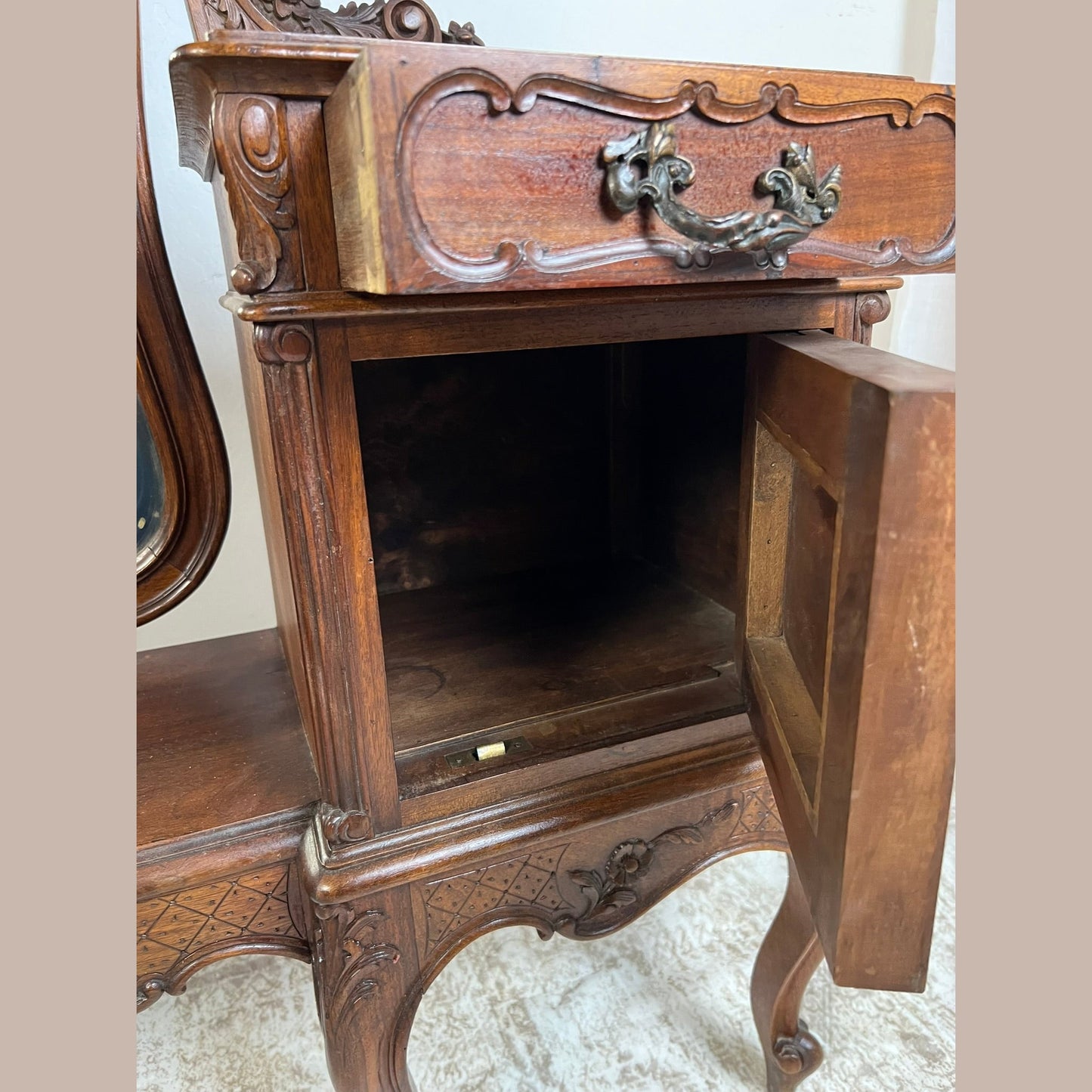 Vintage French Louis XV Style Walnut Vanity with Hand-Carved Beveled Mirror
