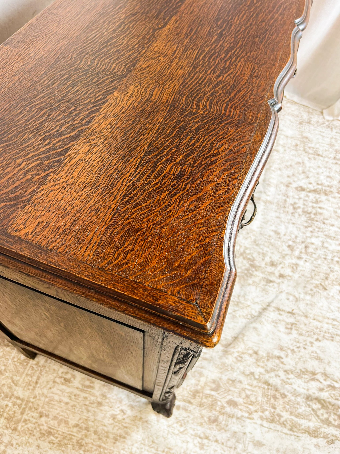 Vintage French Oak Dresser with Carved Details and Serpentine Front