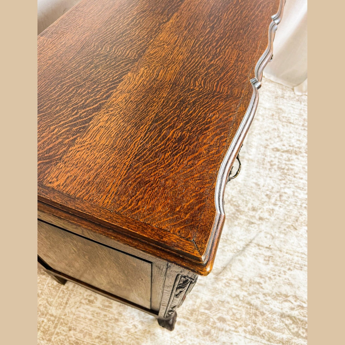 Vintage French Oak Dresser with Carved Details and Serpentine Front