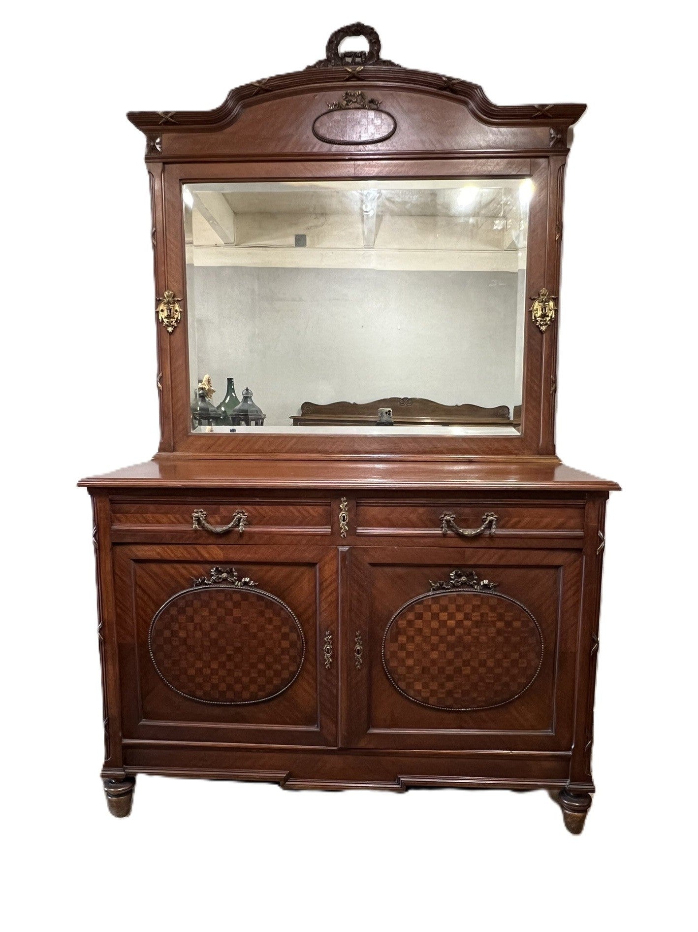 Antique French Walnut Parquet Dresser - Louis XIV, Mirror 394-02