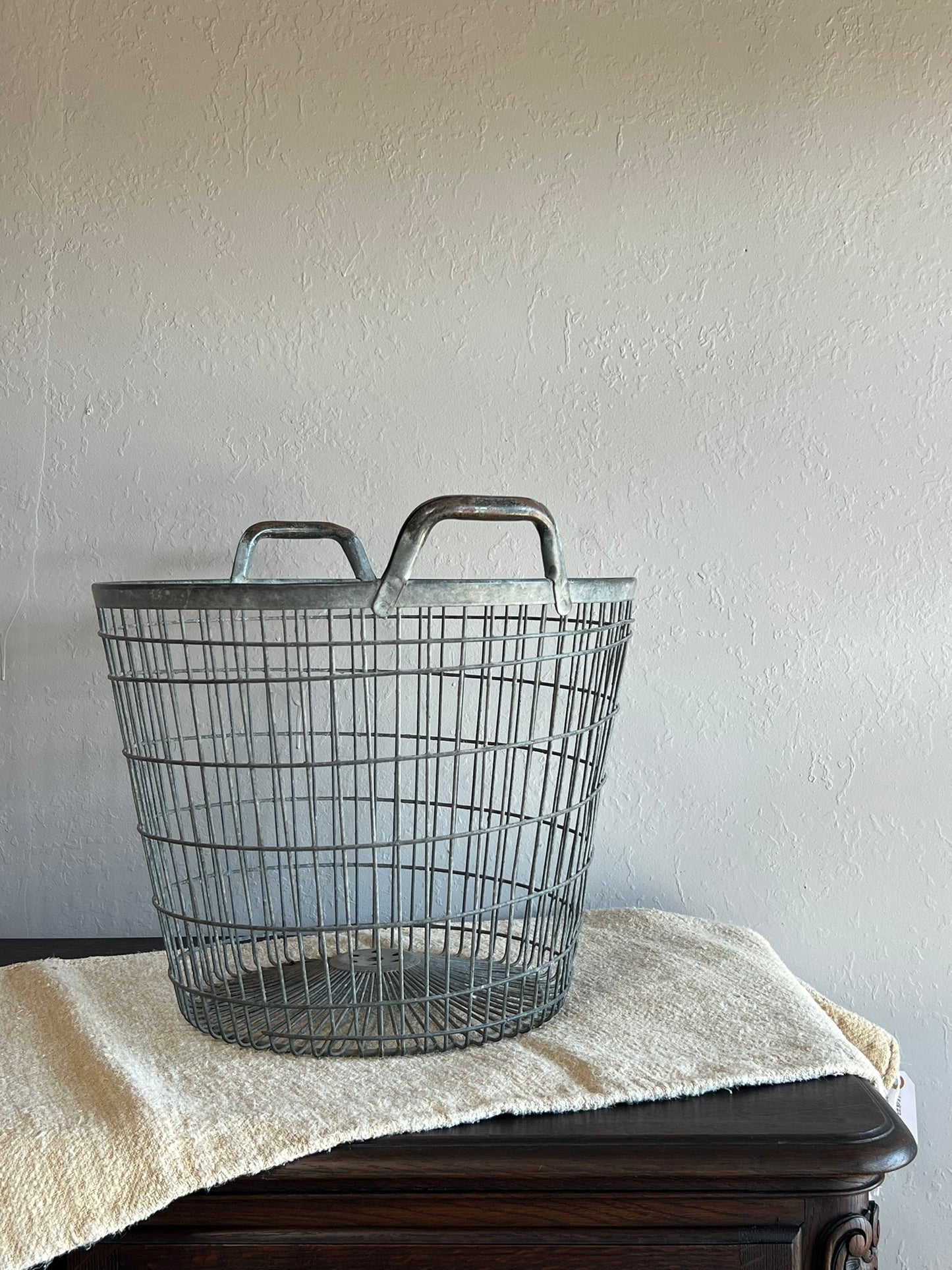 Vintage Hungarian Industrial Steel Apple Basket – Open Grid Farm Bin with Handles #6671