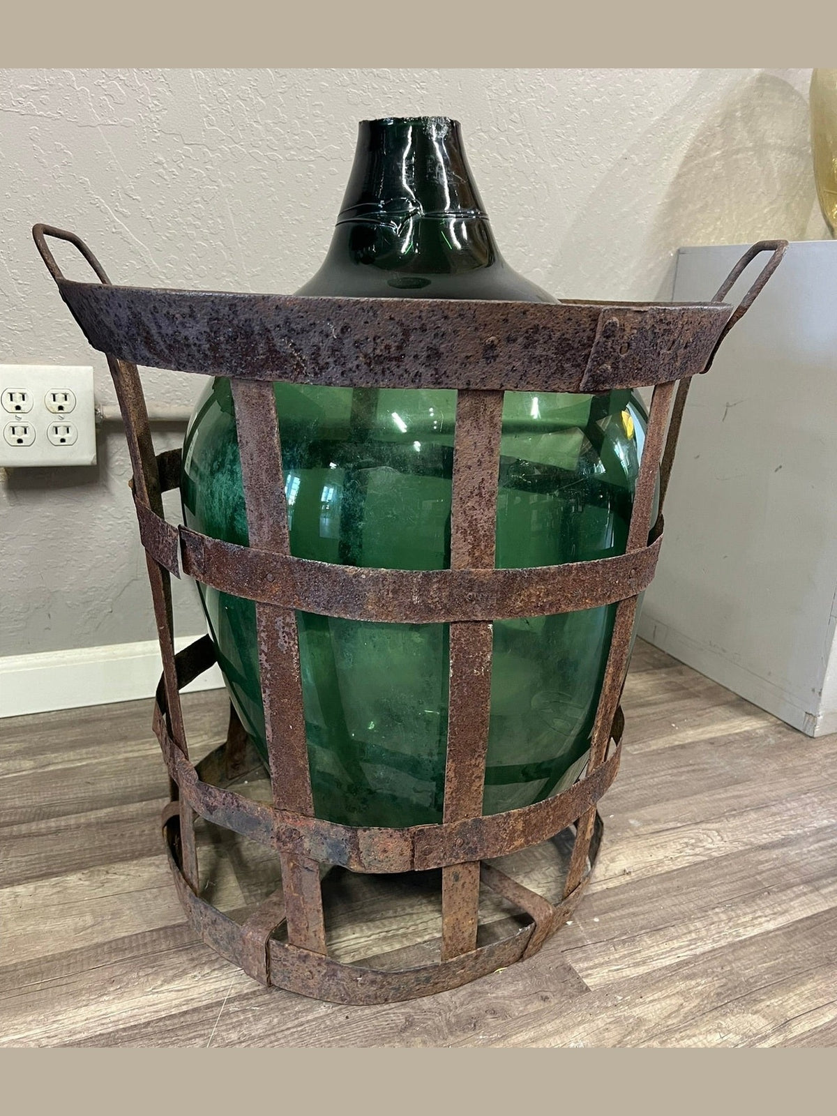 Vintage XX Large Light Green Glass Eastern European Demijohn with cage