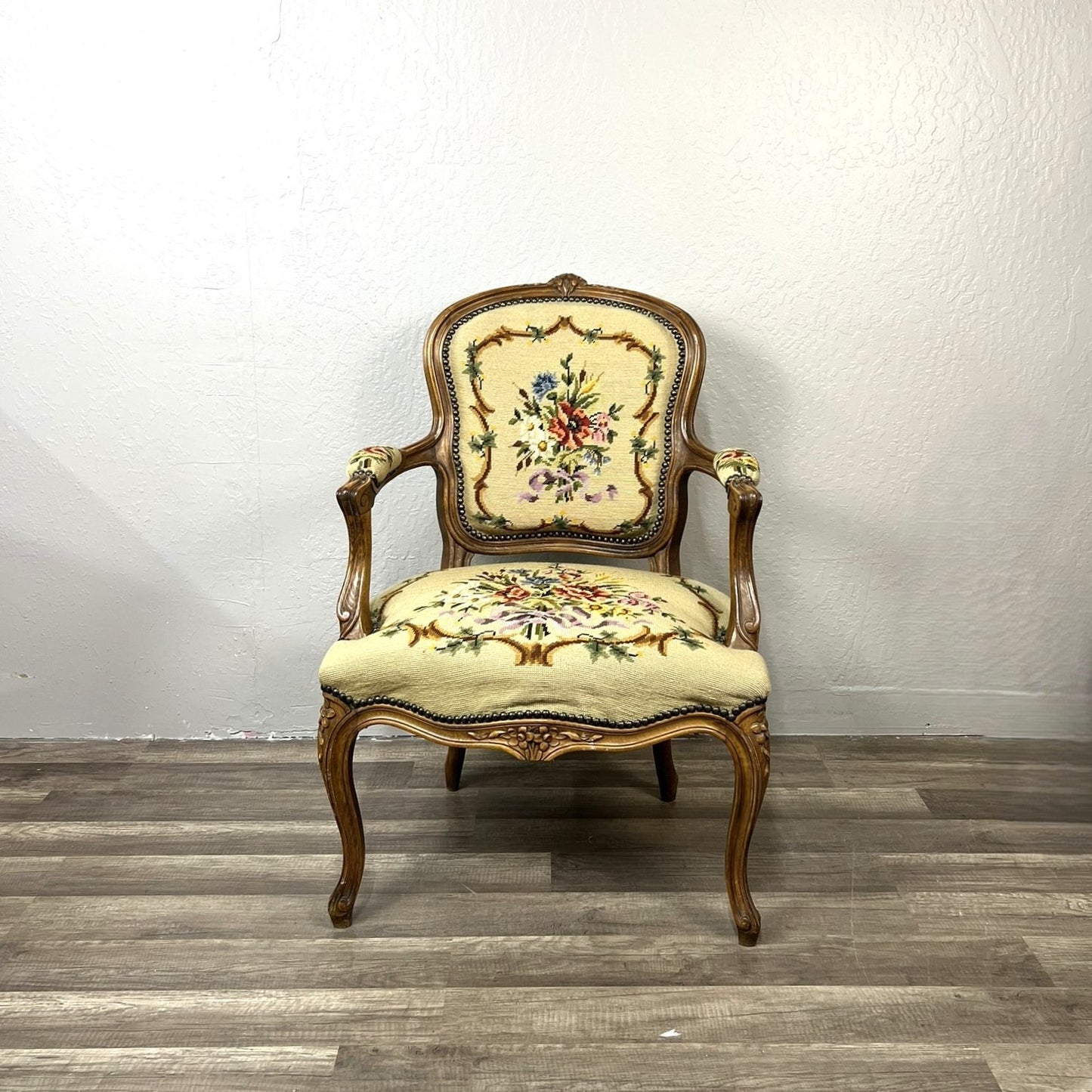 Vintage Belgian Louis XV Style Armchair with Floral Needlepoint Upholstery