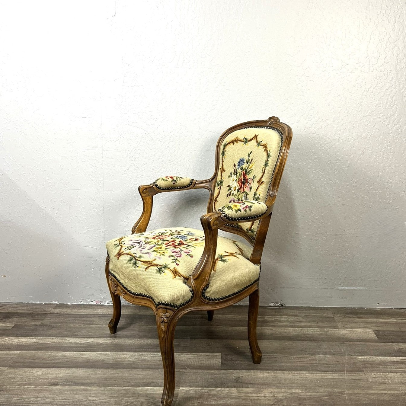 Vintage Belgian Louis XV Style Armchair with Floral Needlepoint Upholstery