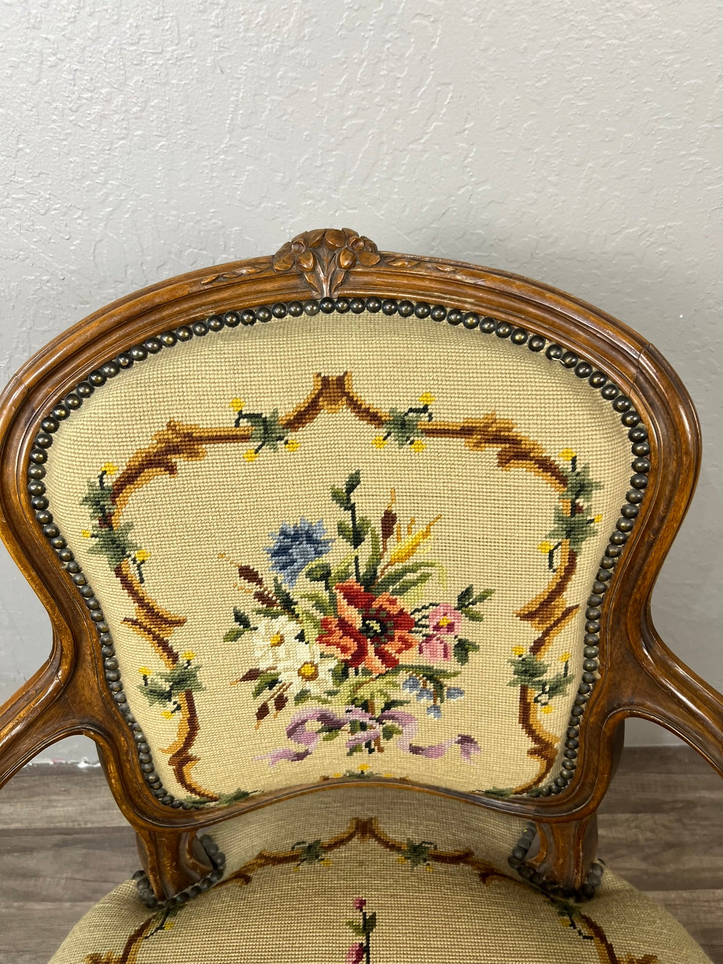 Vintage Belgian Louis XV Style Armchair with Floral Needlepoint Upholstery