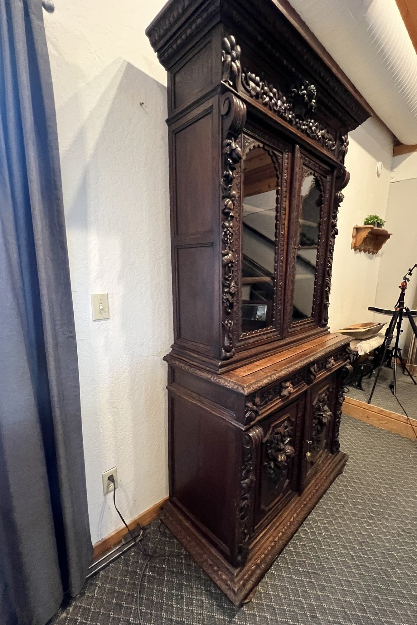 Antique French Normandy Hand Carved Oak Hutch – 19th Century Cabinet