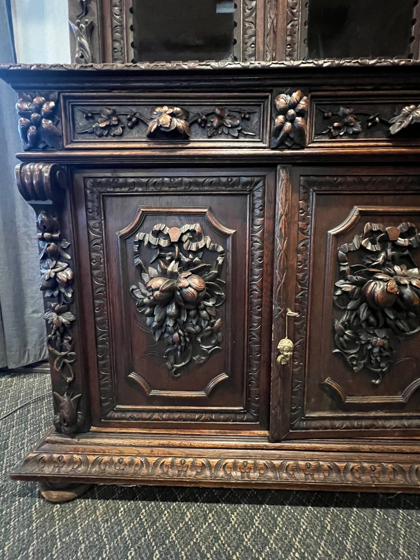 Antique French Normandy Hand Carved Oak Hutch – 19th Century Cabinet