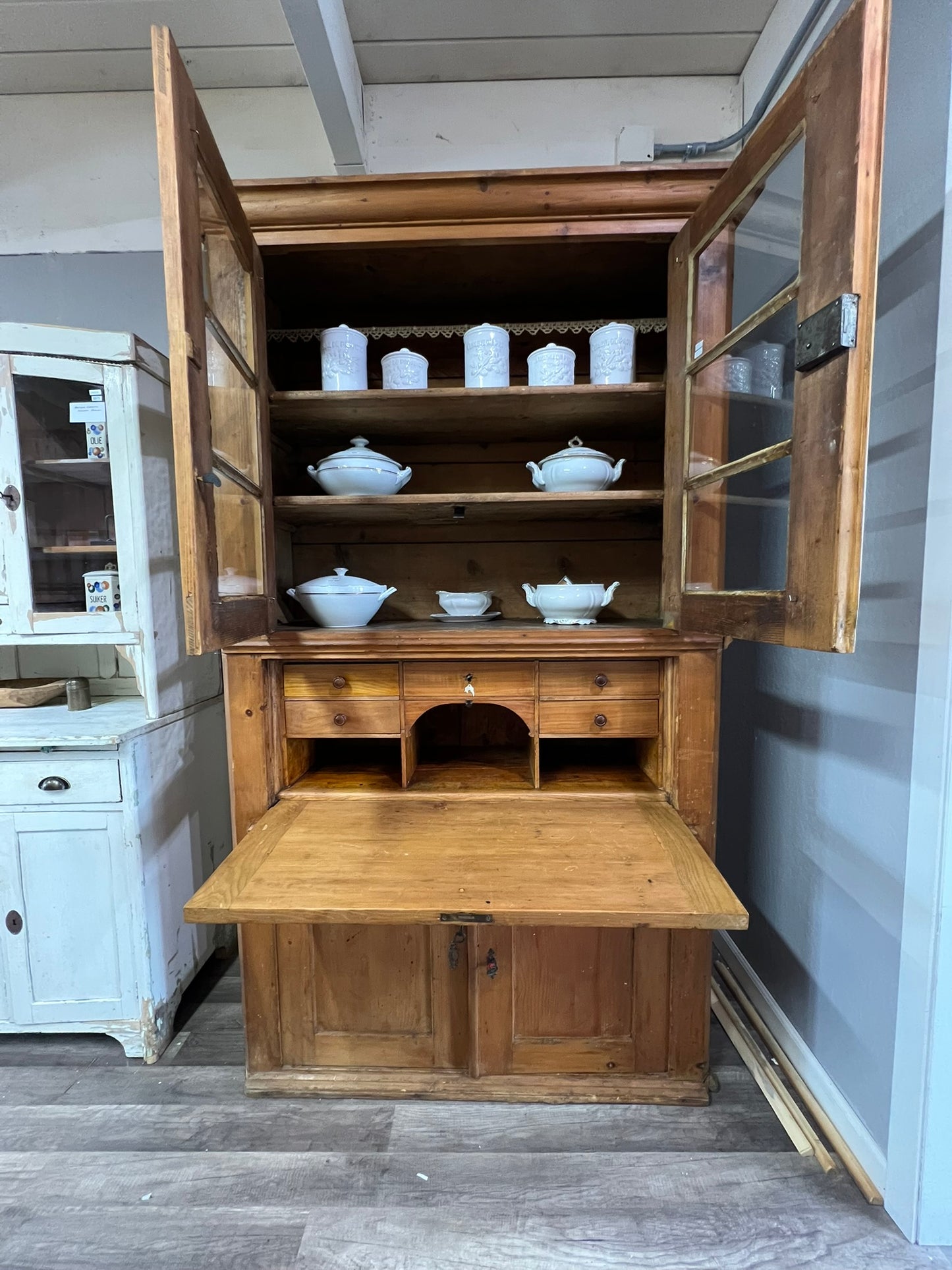 Vintage German Pine Hutch with Secretary Desk and Glass Display #107