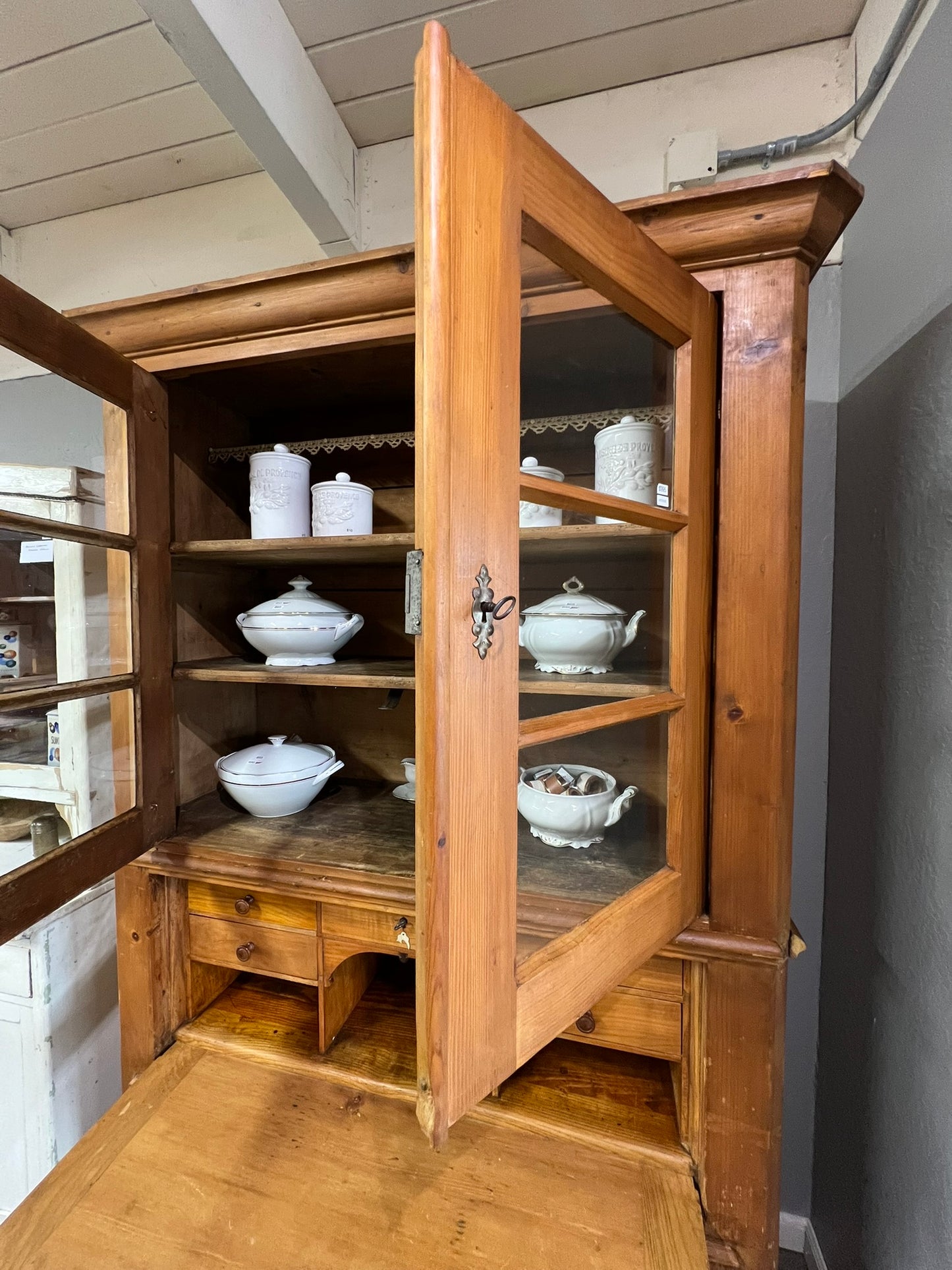 Vintage German Pine Hutch with Secretary Desk and Glass Display #107