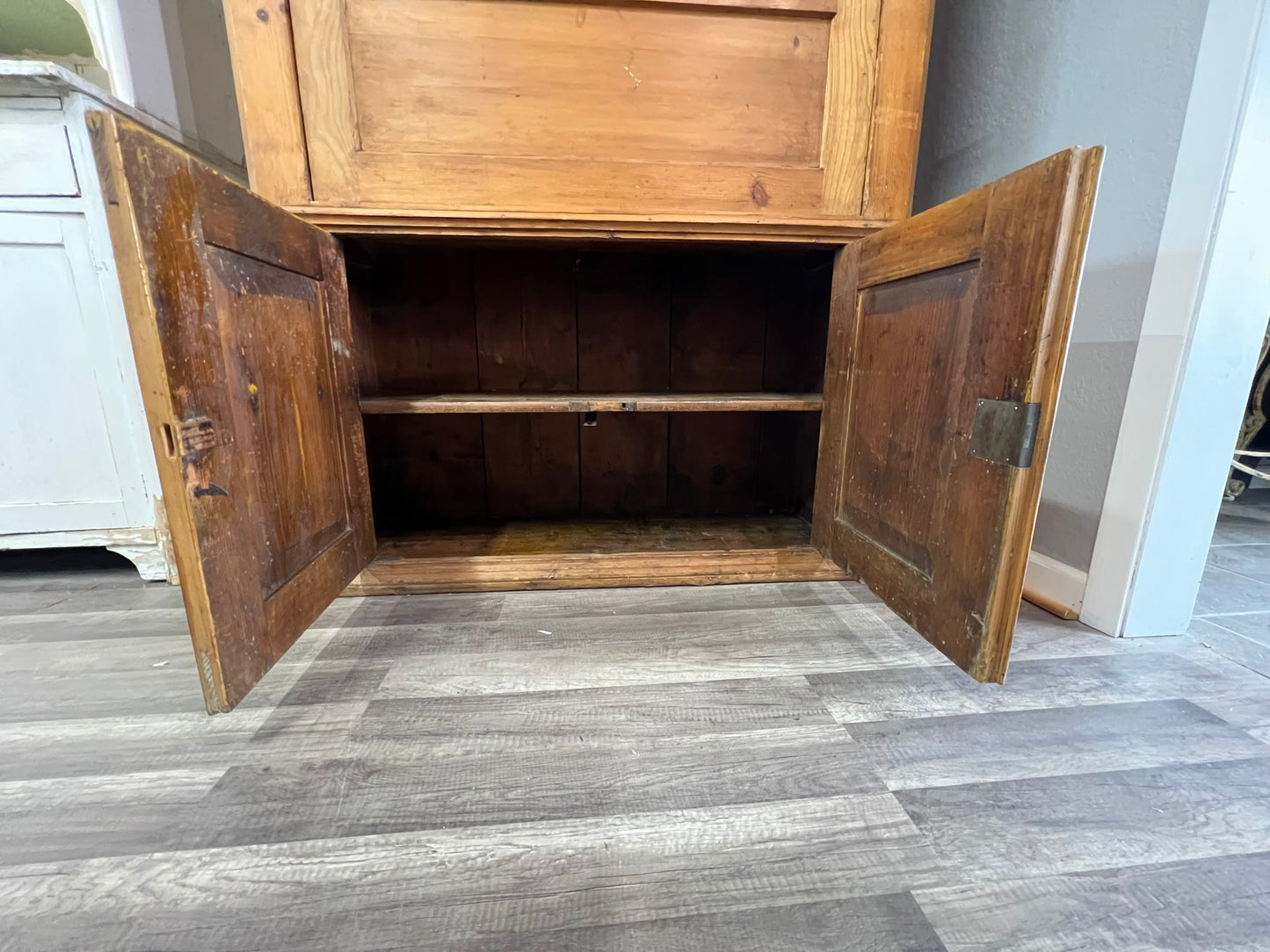 Vintage German Pine Hutch with Secretary Desk and Glass Display #107