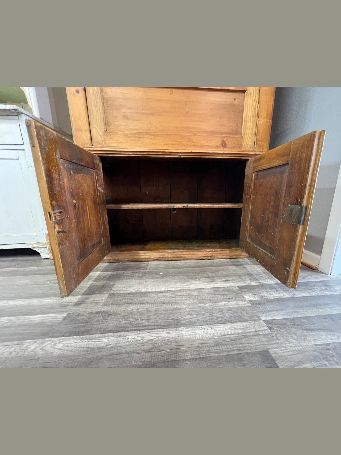 German Pine Hutch with Secretary Desk and Glass Displa