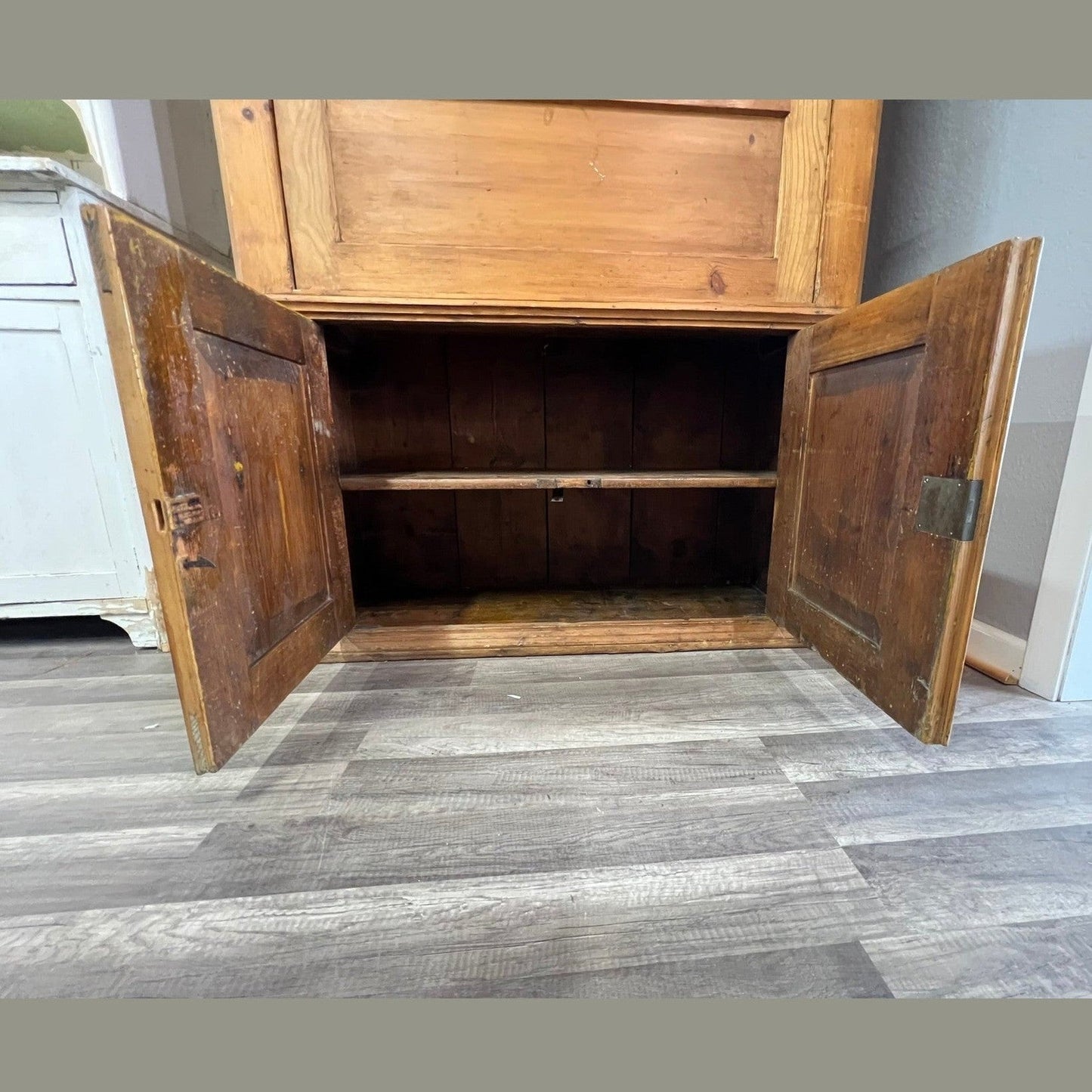 German Pine Hutch with Secretary Desk and Glass Displa