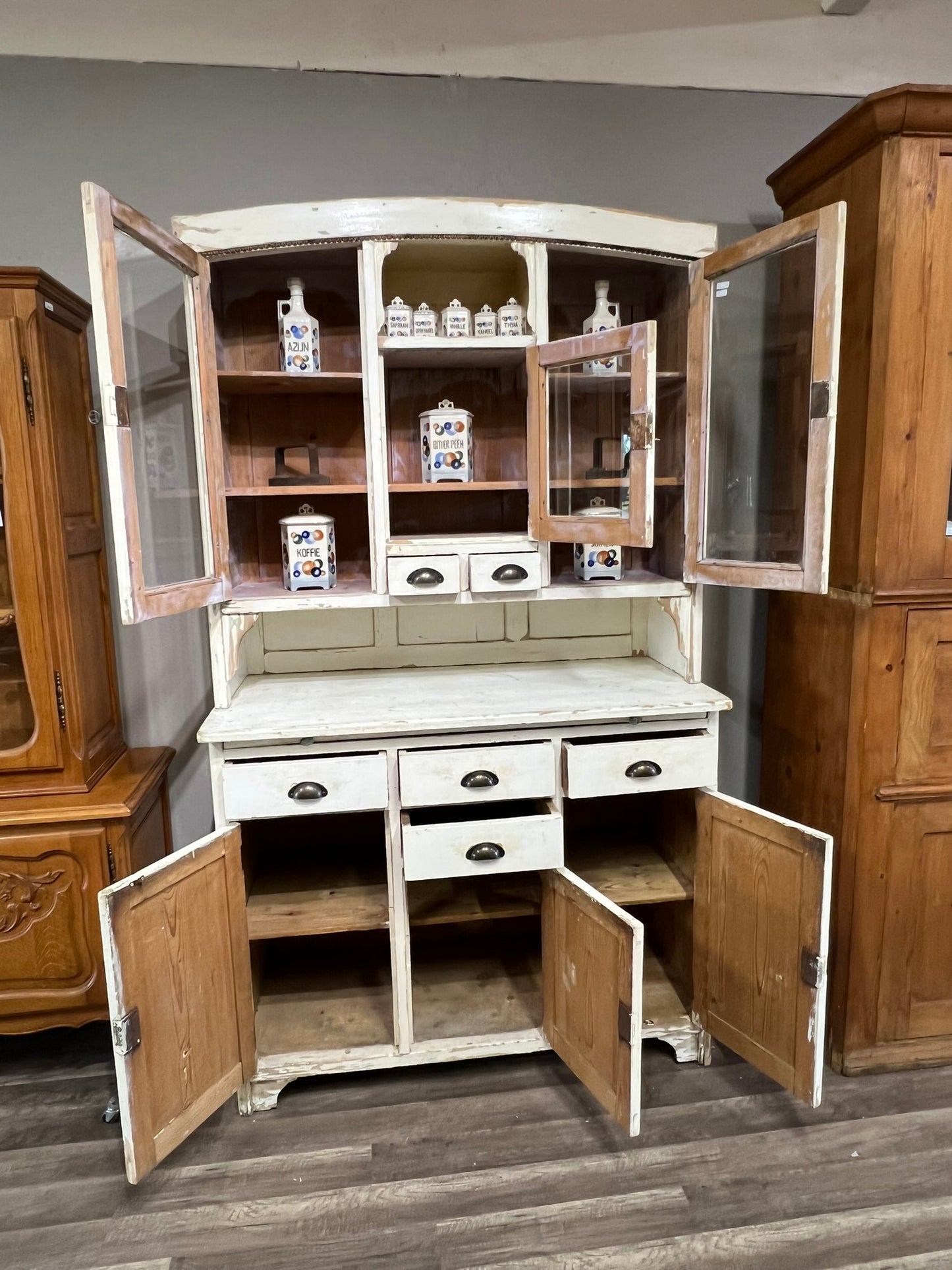 Vintage German Pine Hutch in Distressed White Paint, Glass Doors & Ample Storage #108
