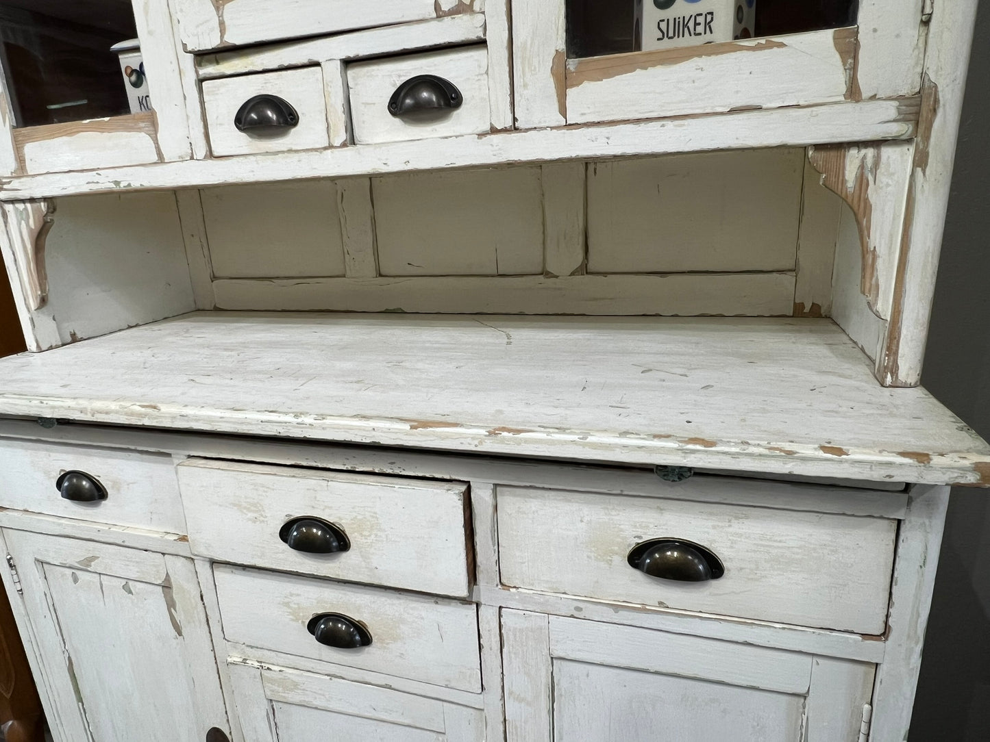 Vintage German Pine Hutch in Distressed White Paint, Glass Doors & Ample Storage #108