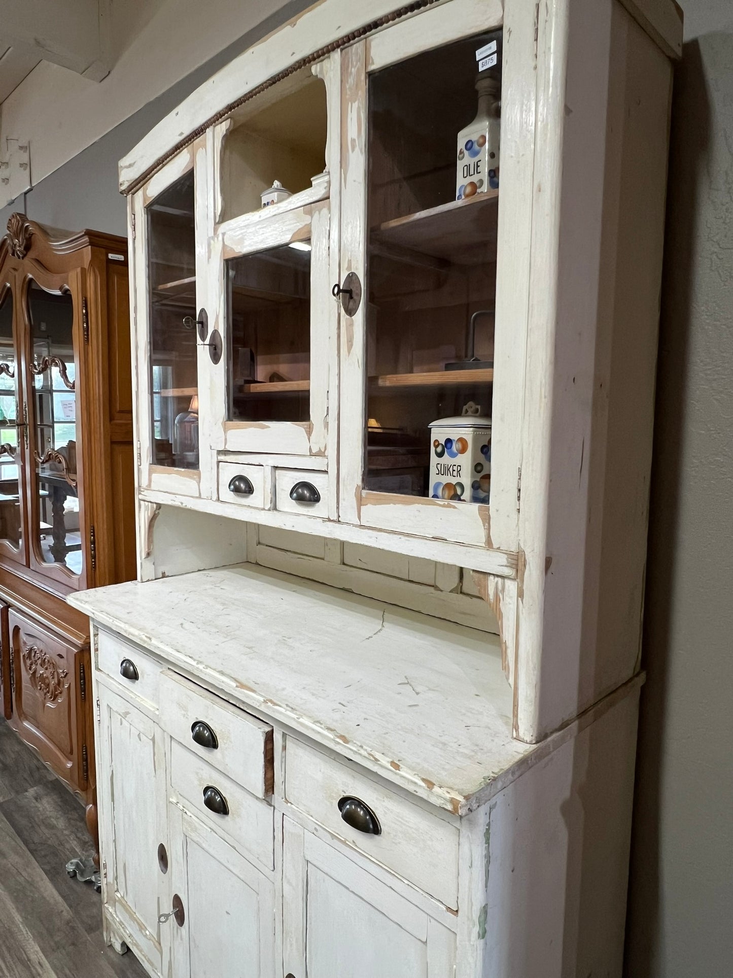 Vintage German Pine Hutch in Distressed White Paint, Glass Doors & Ample Storage #108