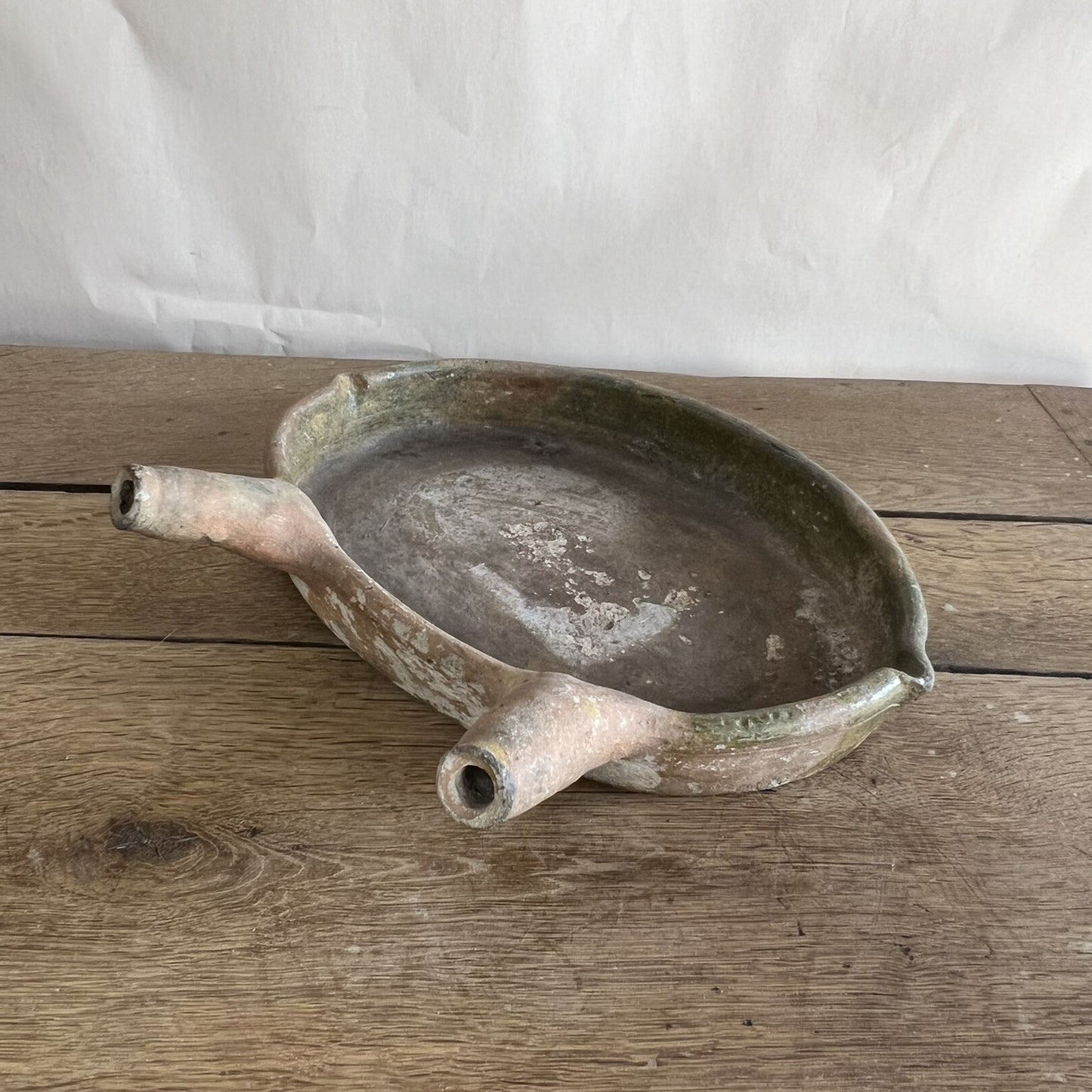 Antique French Terracotta Daubière – Oval Glazed Provençal Cooking Vessel with Tubular Handles #09