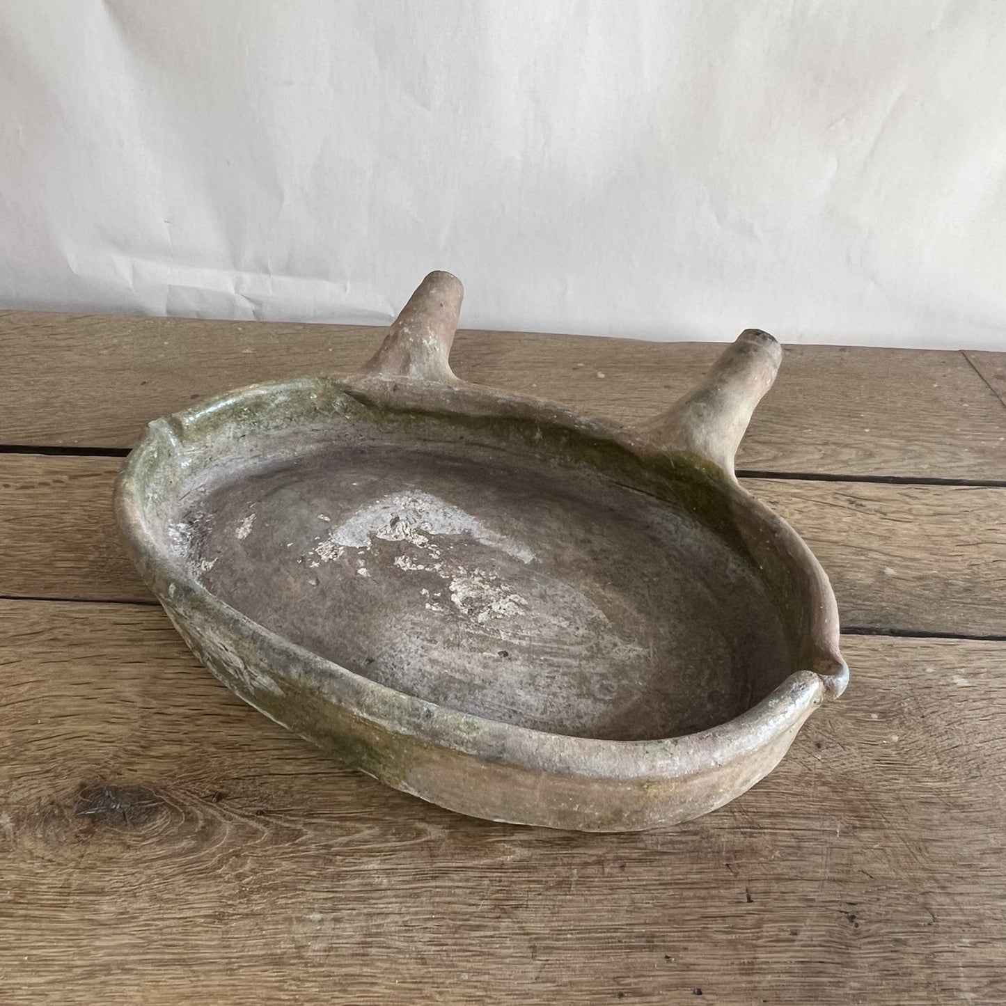 Antique French Terracotta Daubière – Oval Glazed Provençal Cooking Vessel with Tubular Handles #09
