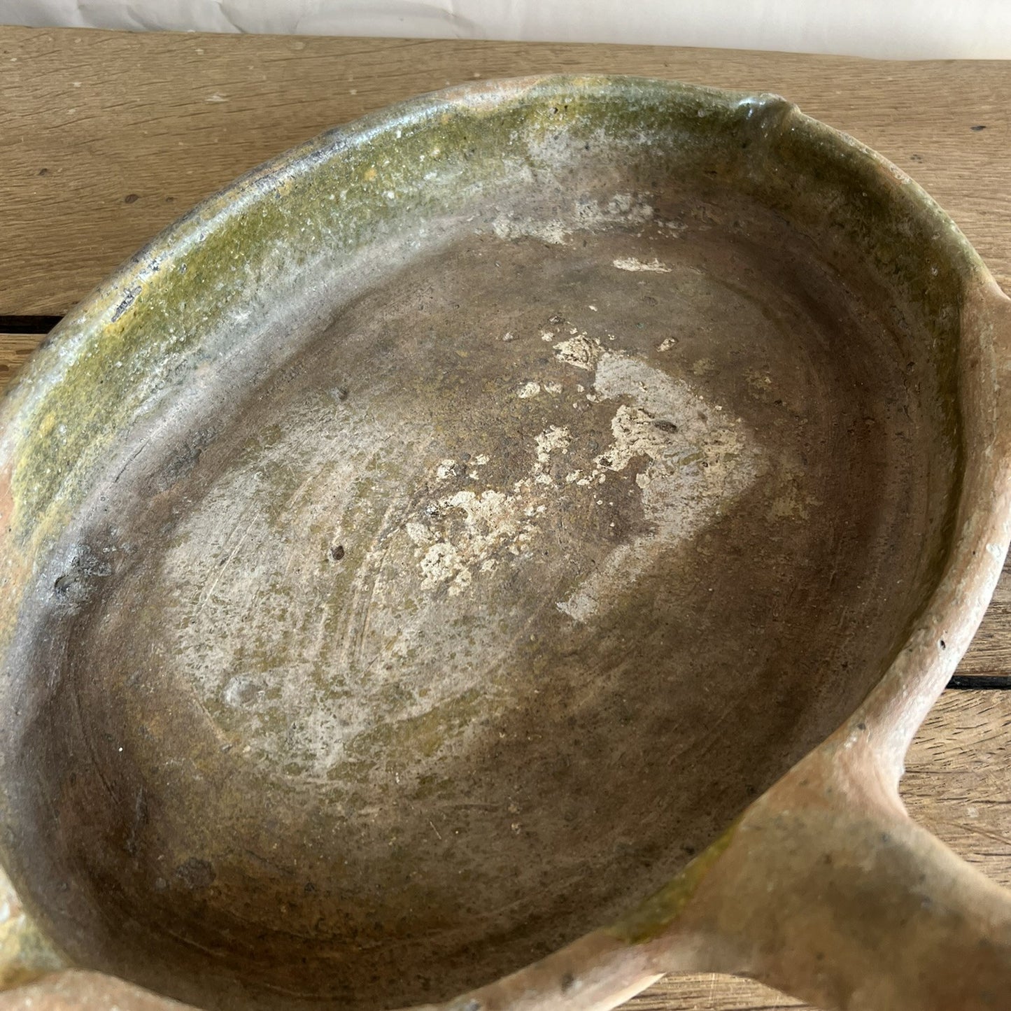 Antique French Terracotta Daubière – Oval Glazed Provençal Cooking Vessel with Tubular Handles #09