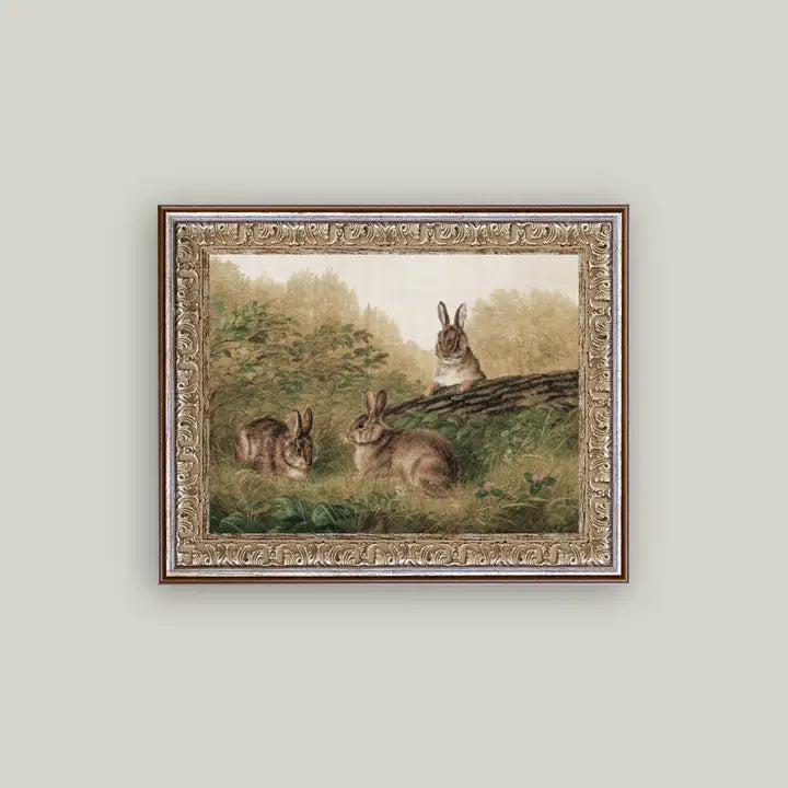 Rabbits on a Log Framed Antique Art 10x8