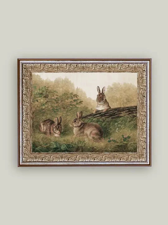 Rabbits on a Log Framed Antique Art 10x8