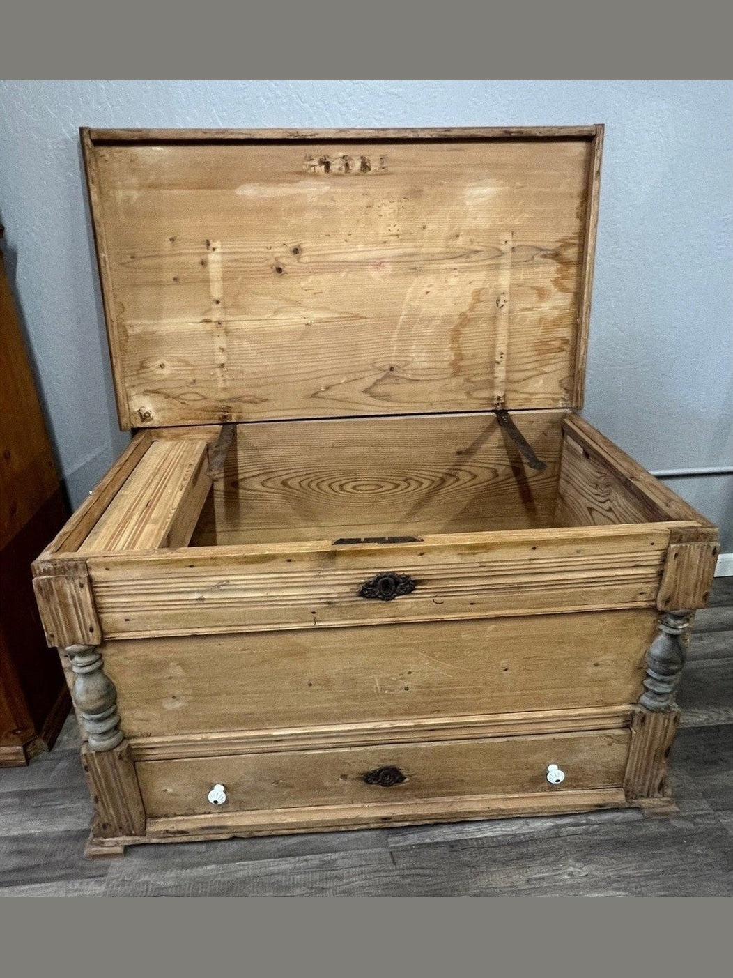 German Pine Blanket Trunk with Drawer