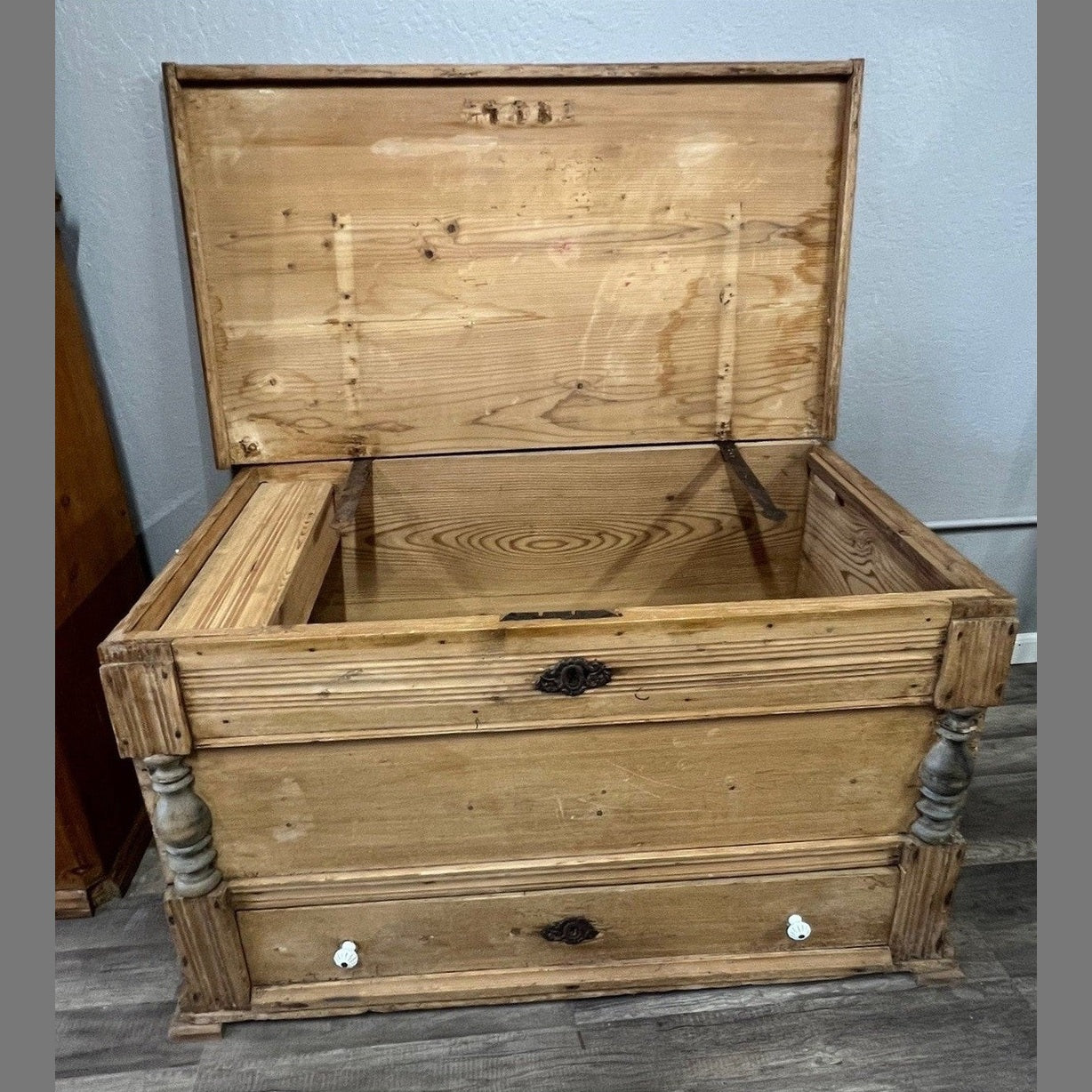 German Pine Blanket Trunk with Drawer