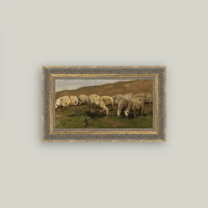 Sheep Landscape Framed Antique Styled Art 12x7