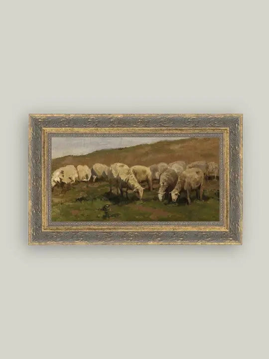 Sheep Landscape Framed Antique Styled Art 12x7