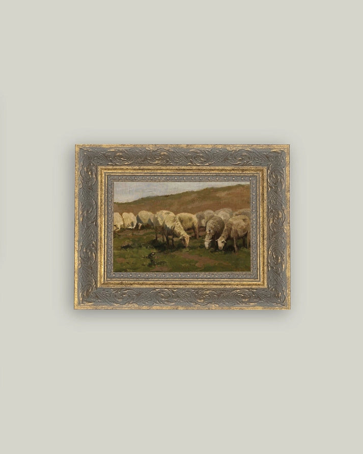 Sheep Landscape Framed Antique Styled Art 7x5