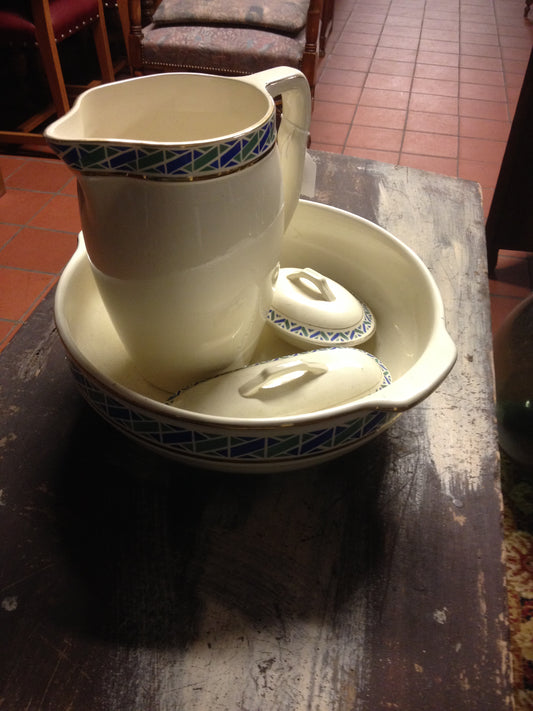 Antique European Wash Basin Set with Pitcher, Bowl & Toiletry Holders #241