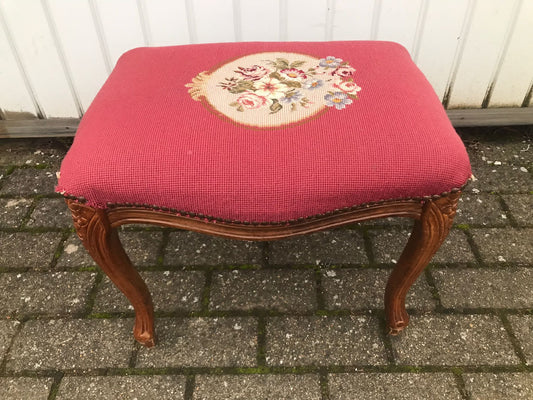 Vintage Belgian Red Needle Point Foot Stool