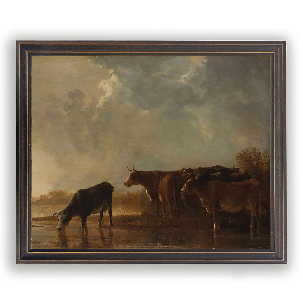 Vintage-Inspired Framed Pastoral Cattle Print