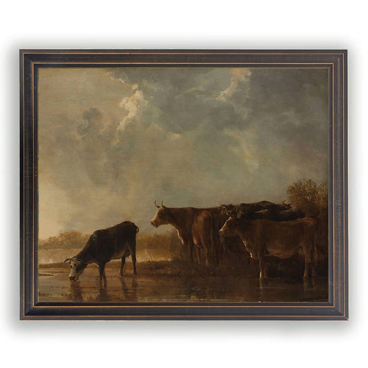 Vintage-Inspired Framed Pastoral Cattle Print