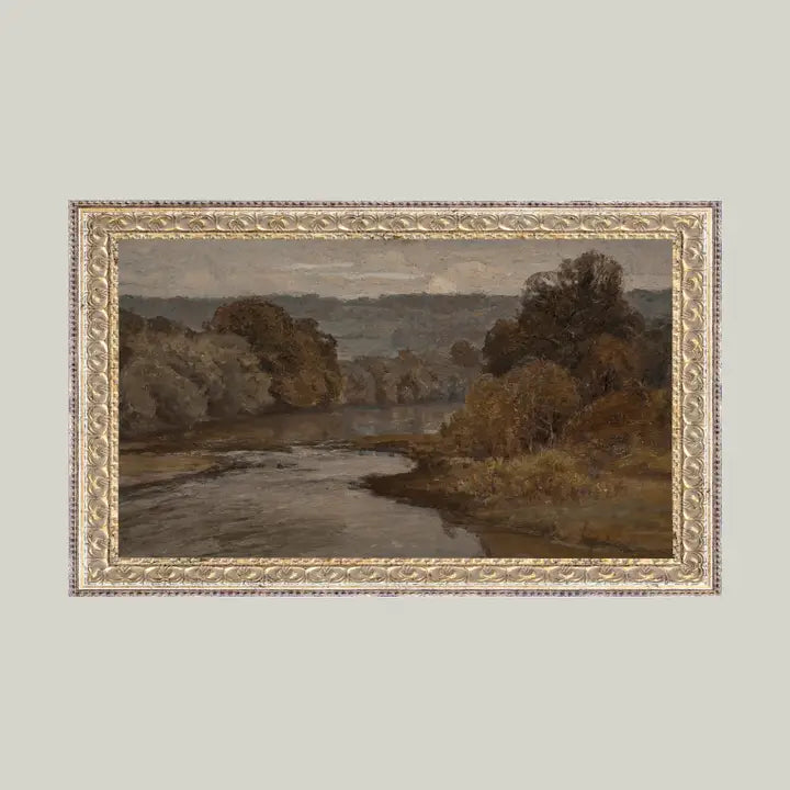 Autumn River Framed Antique Art 12x7 