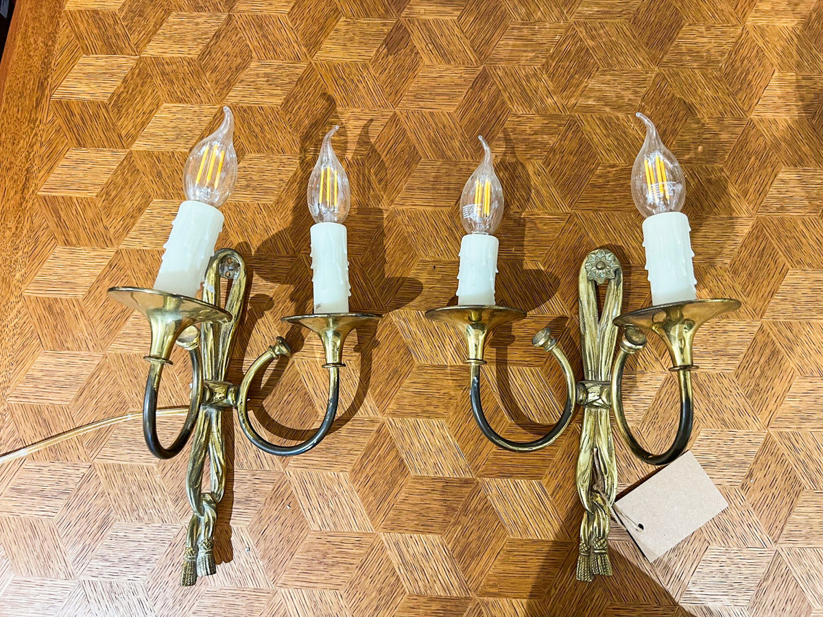 Vintage European Brass Ribbon & Tassel Wall Sconces — Pair