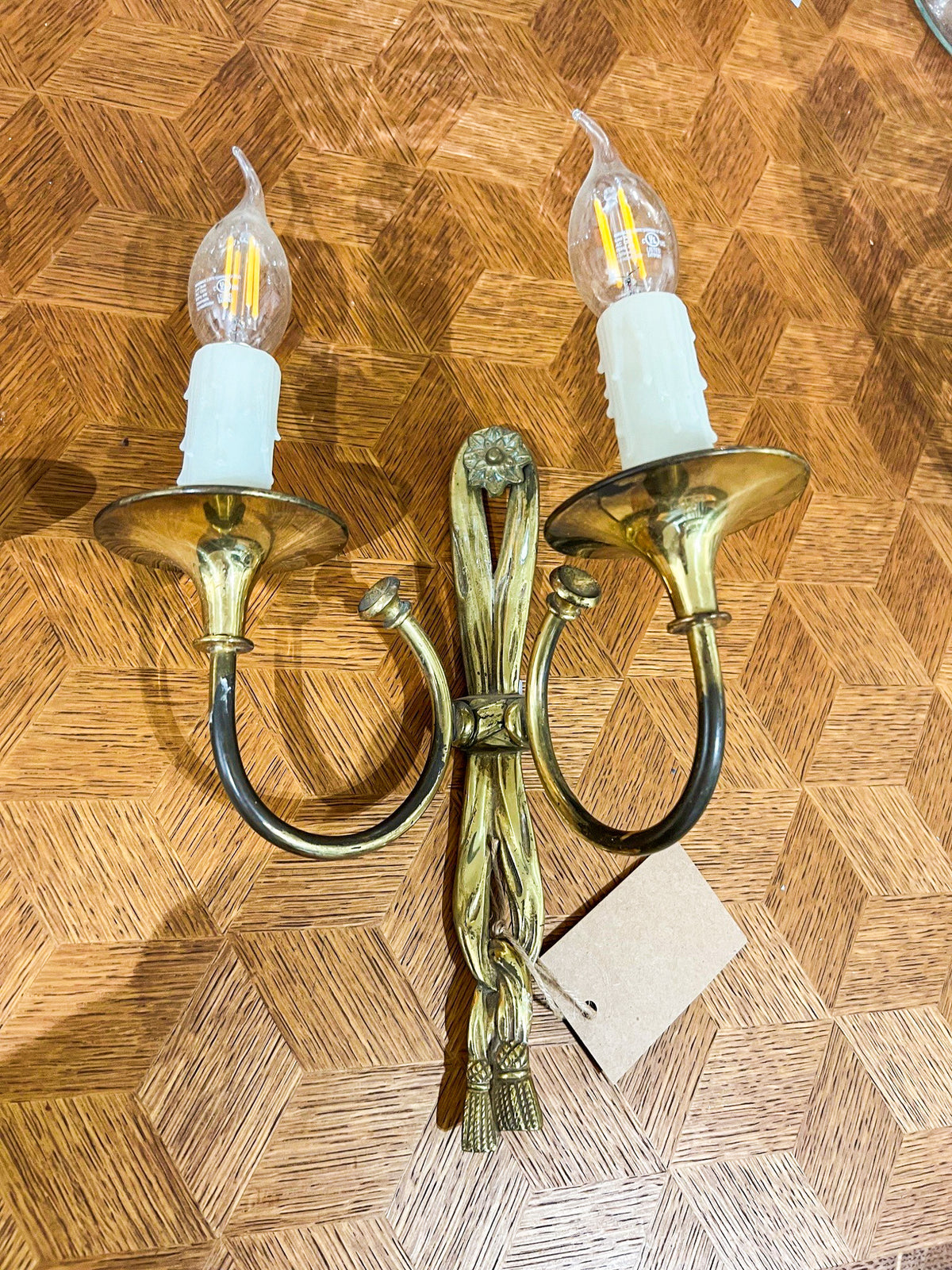 Vintage European Brass Ribbon & Tassel Wall Sconces — Pair