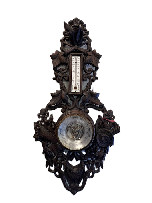 Antique French Normandy Dark Oak Barometer with Dog Head Carving