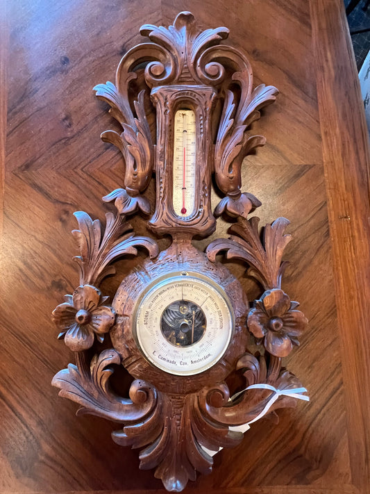 Antique Belgium Oak Barometer with Flower Carving