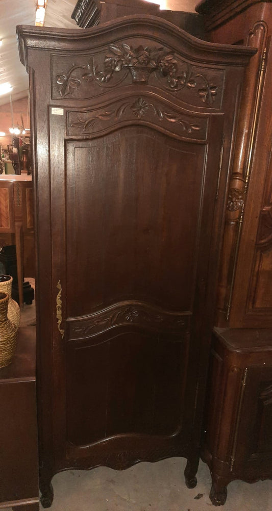 Antique French Normandy Carved Oak Bonnetière Armoire, Circa 1900