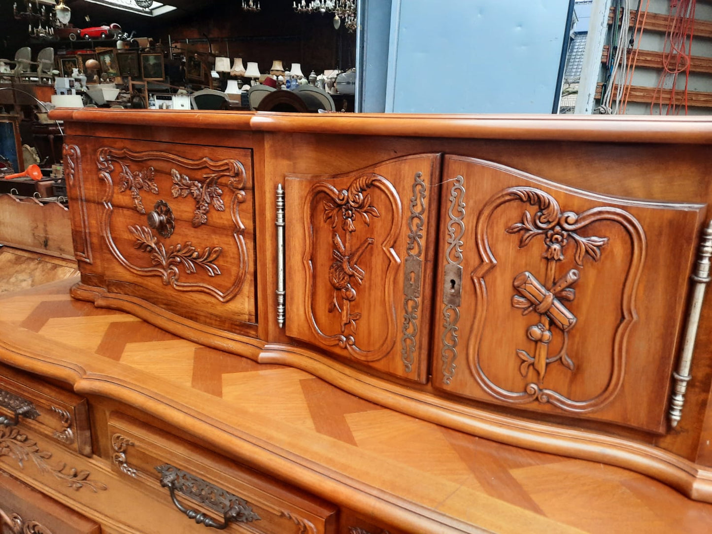 Antique French Light Walnut Parquet Buffet with Raised Cabinet – Louis XV Style