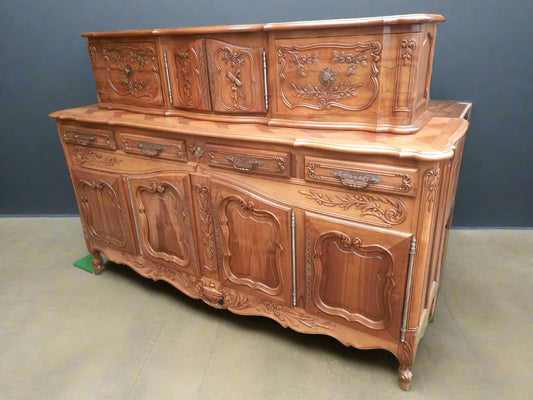 Antique French Light Walnut Parquet Buffet with Raised Cabinet – Louis XV Style