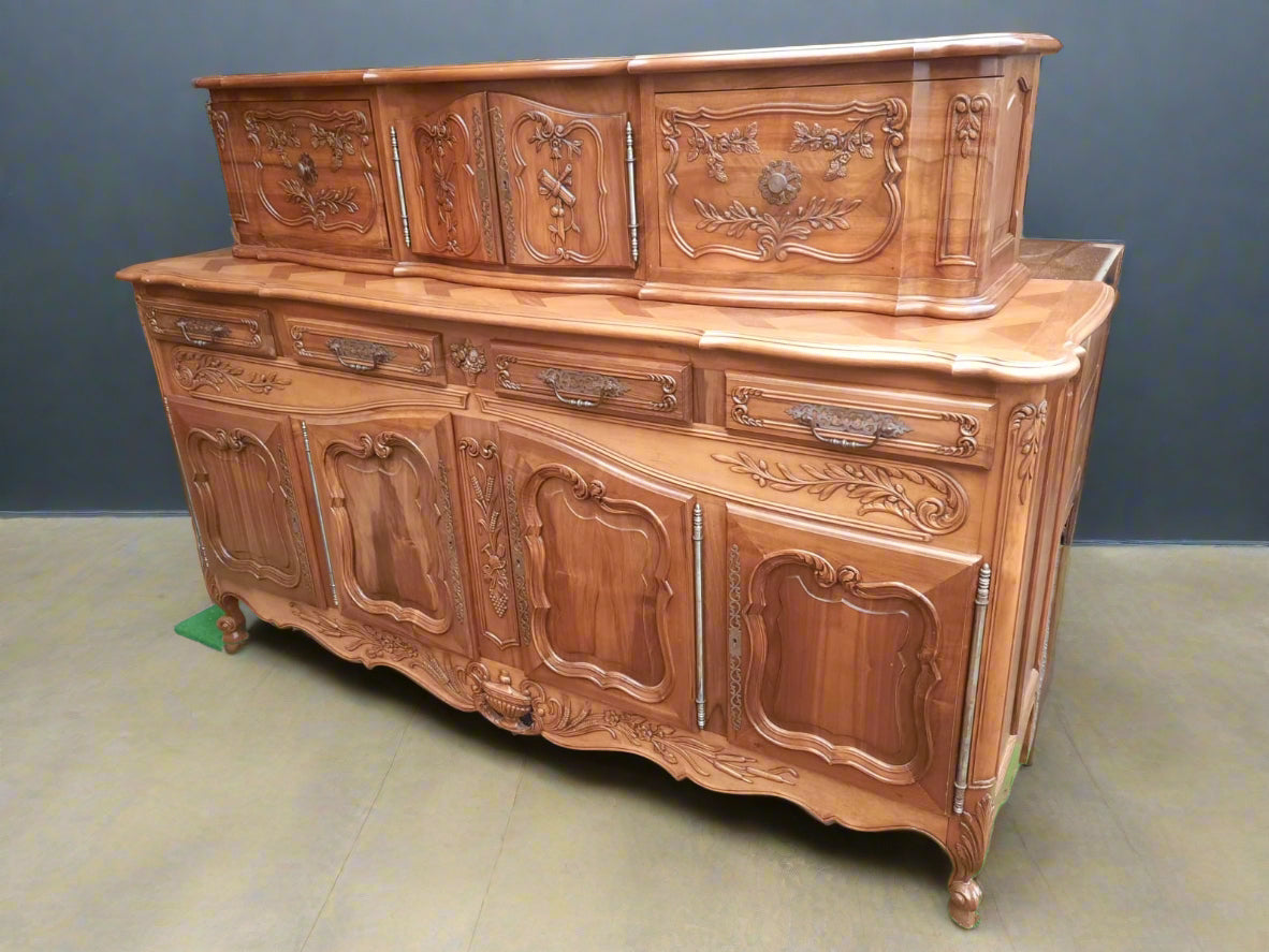 Antique French Light Walnut Parquet Buffet with Raised Cabinet – Louis XV Style